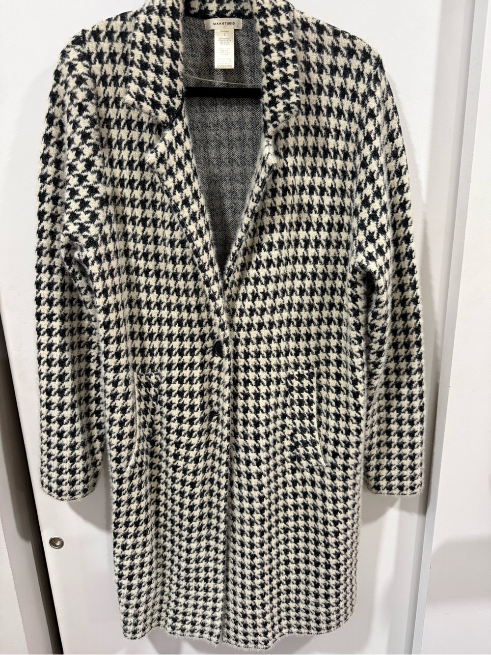 Max Studio Black & Cream Houndstooth Trench Coat